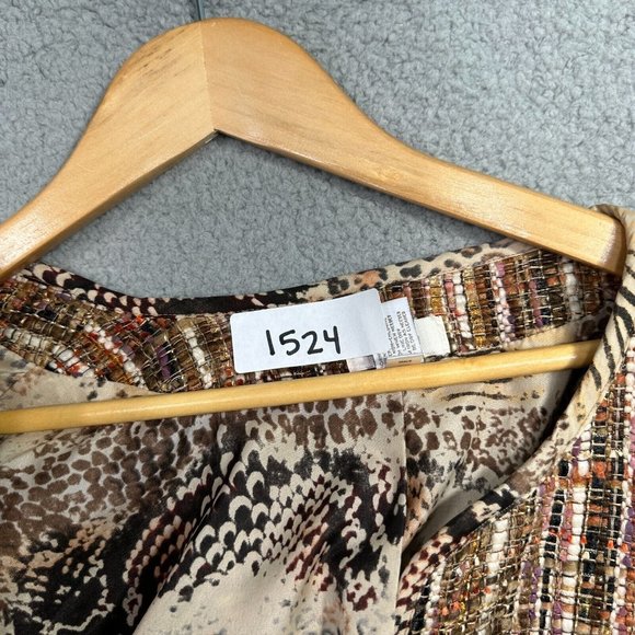 Chicos L-XL Size 3 Jacket nubby woven Tweed Brown Fringe designer style pockets - Picture 14 of 14